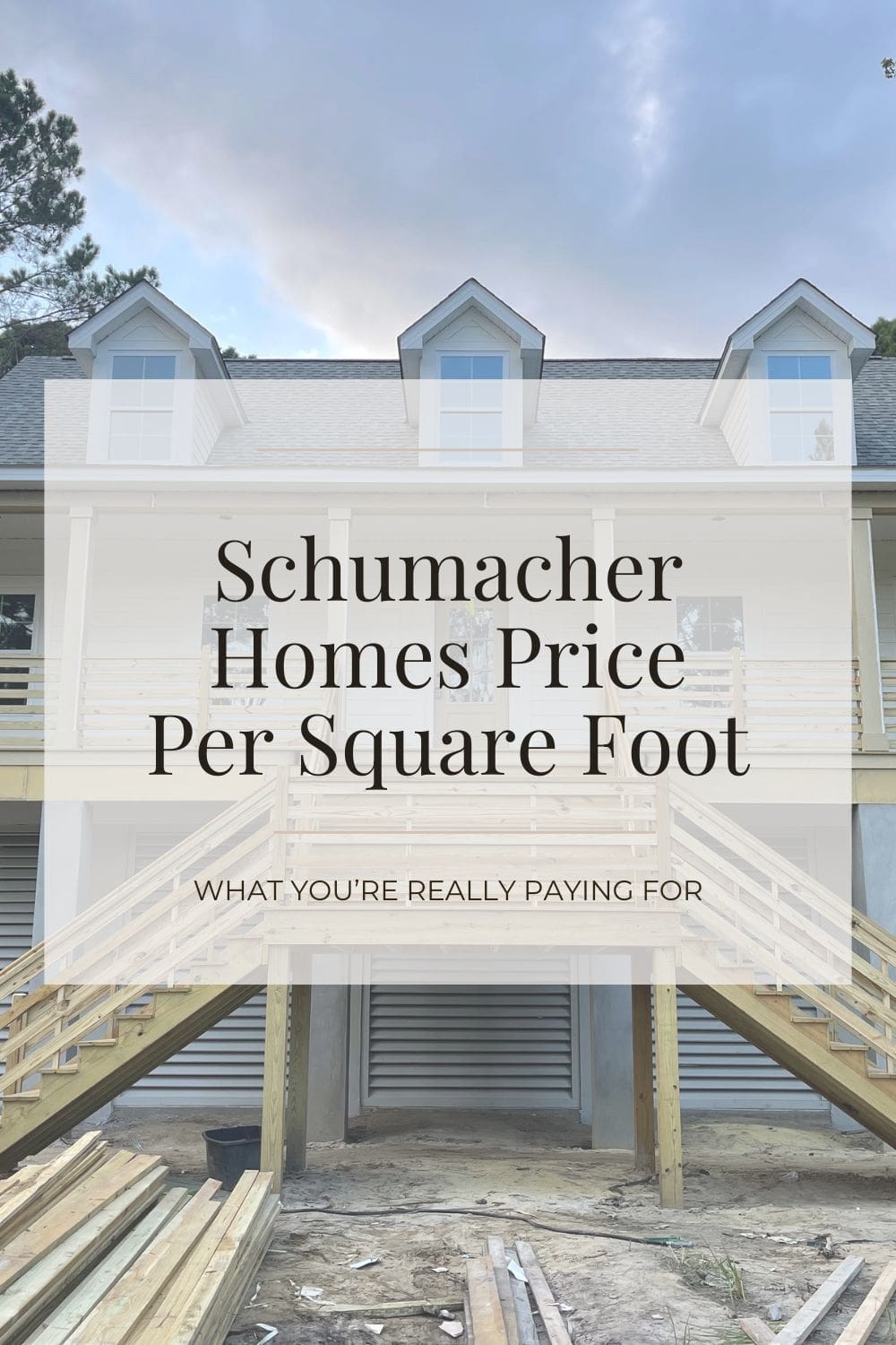 Pinterest pin graphic about Schumacher Homes price per square foot with blog title overlay